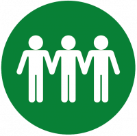 A green circle with three individuals represents the 'evacuate' sign.