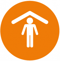 An orange circle with a person under a roof represents the 'shelter' sign.