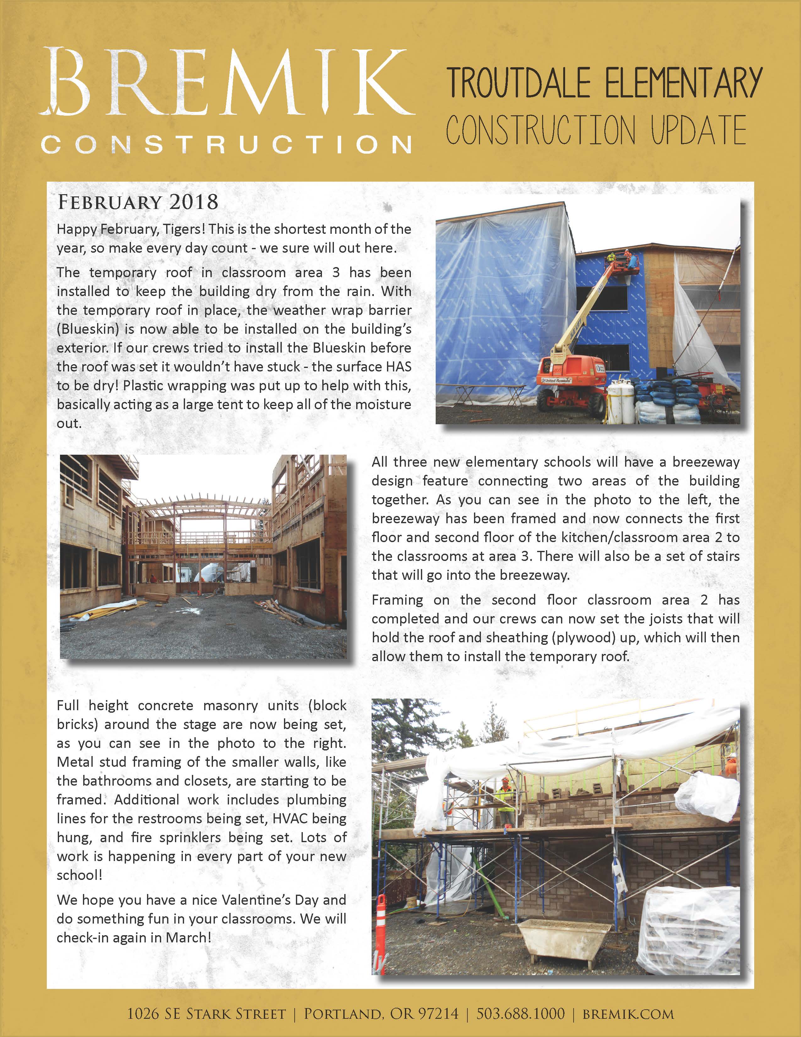 February Troutdale Construction Update Reynolds School District Oregon