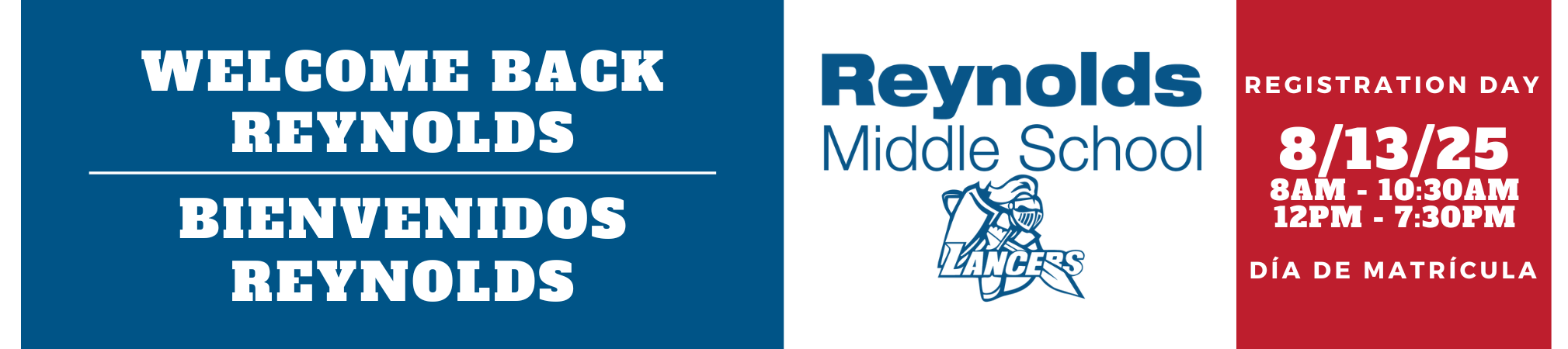 banner with text welcome back rms registration day 8/13/25 8am-10:30am and 12pm-7:30pm and rms log
