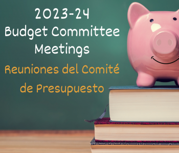 Pink piggy bank on stack of three books with the text "2023-24 Budget Committee Meetings" on a chalkboard 