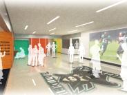  Entry Gym Lobby Artists Rendition shows media wall and Raider logo on floor