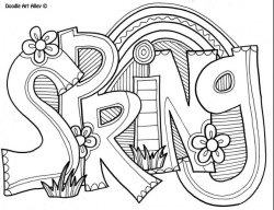 Coloring Page the word Spring with flowers and a rainbow