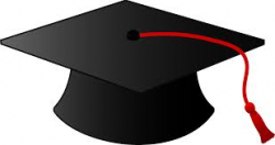 Black mortar board hat with red tassel.