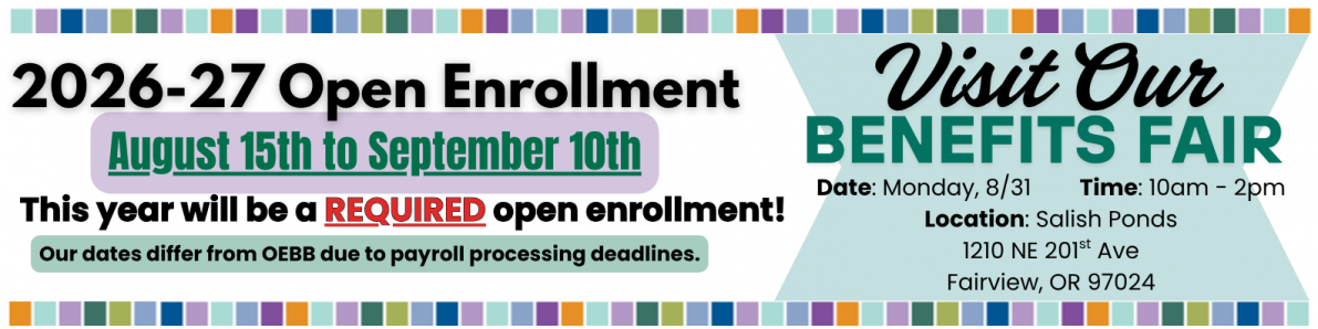 Open Enrollment banner with benefits fair information