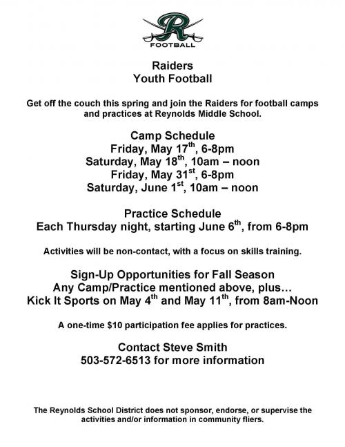 Raider Youth Football Free Camps Reynolds School District Oregon